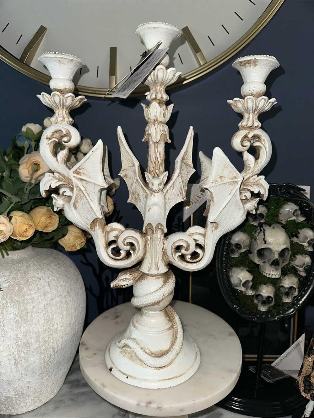 Halloween Ornate White Bat Candelabra Candle Holder - Home Accents